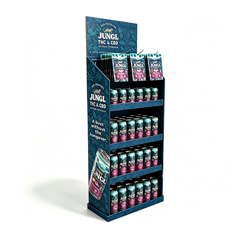Cardboard display with shelves and hooks for drinks and gummies